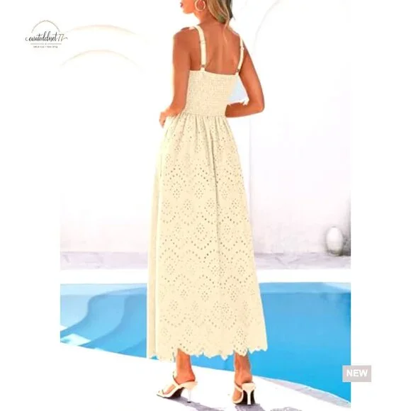 Sleeveless Maxi Dress with Eyelet Hollow Out Square Neck Ruffle Beach - Picture 4 of 7